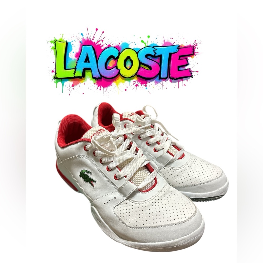 197. Lacoste 🐊 White and Red Sneakers Breathable Sporty Design